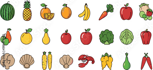 Hand drawn fruits, vegetables and seafood icons set with colorful fresh food elements, healthy nutrition illustration collection for grocery design