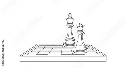 Minimalist Chess King and Queen Line Art on Board, Strategy Game Concept