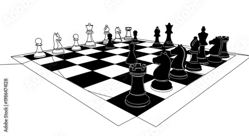Chessboard with pieces set for game, strategic game, black and white pieces, strategic game