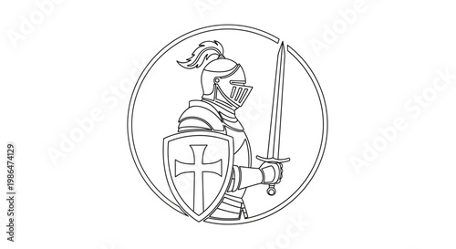Medieval Knight Warrior Shield Sword Emblem Outline Circle