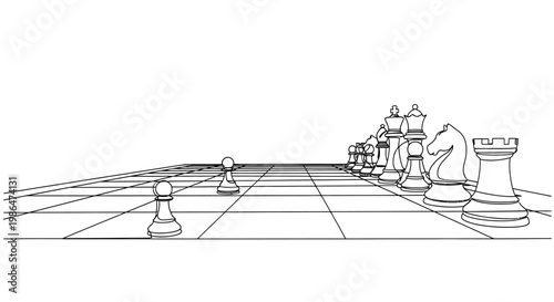 Chessboard perspective with pawns and pieces in line, strategic game concept