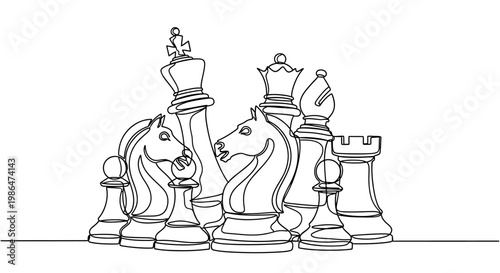 Minimalist Chess Pieces Line Art Drawing - Strategy, Game, Competition