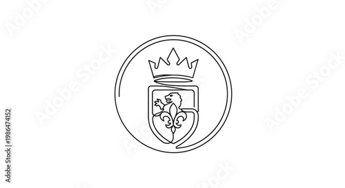Heraldic Emblem Continuous Line Art: Crown, Shield, Fleur-de-lis, Lion