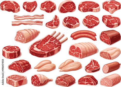 Large collection of raw meat cuts and sausages including beef, pork, bacon and poultry isolated vector illustration set