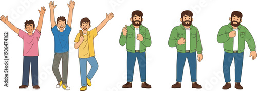 Male characters set with different emotions and gestures, cartoon men illustration collection showing happy, confident and casual expressions
