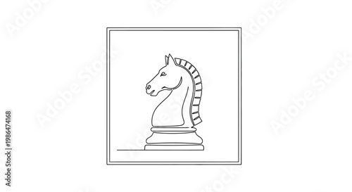 Minimalist chess knight outline drawing, strategy game piece, vector icon