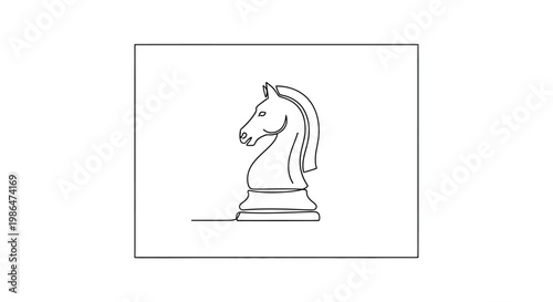 Minimalist chess knight drawing, single line art, strategy concept