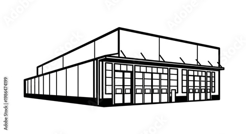 Modern Warehouse Building Facade with Large Windows and Doors.