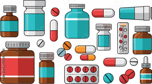 Medical Equipment and Medicine Icon Set with Pills Bottles Syringes Clipboard Laboratory Tools and Healthcare Illustration Collection