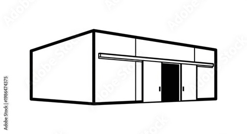 Modern warehouse building with large sliding doors and windows.