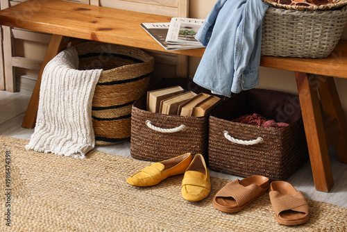 Wooden bench with wicker ba...
