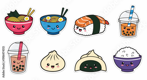 Cute Kawaii Asian Food Sticker Collection with Ramen, Sushi, Bubble Tea, and Dim Sum, Japanese and Chinese Culinary Character Vector Set for Decoration.