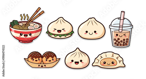 Kawaii Asian Food Sticker Set with Cute Chibi Faces, Ramen, Dim Sum, Boba Tea, and Takoyaki Vector Illustration for Graphic Design.