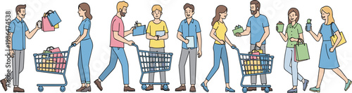 People shopping with carts and bags set with different characters, retail consumer lifestyle illustration collection for supermarket and ecommerce design