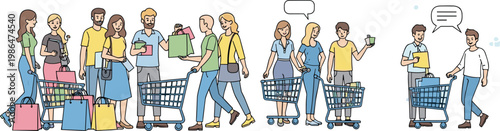 People shopping in supermarket with carts and bags, retail customer lifestyle illustration collection for consumer behavior and ecommerce design