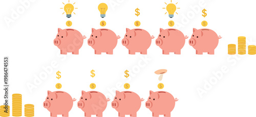 Saving money and finance concept set with piggy bank, coins and investment ideas, cartoon financial growth illustration collection