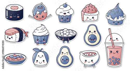 Cute Kawaii Asian Food Sticker Set: Sushi, Bubble Tea, Takoyaki, and Avocado Chibi Characters for Graphic Design
