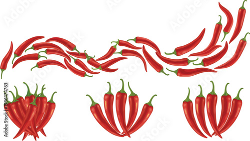 Set of red and green chili peppers in bunches and arrangements, spicy vegetable collection isolated vector illustration for cooking and food design