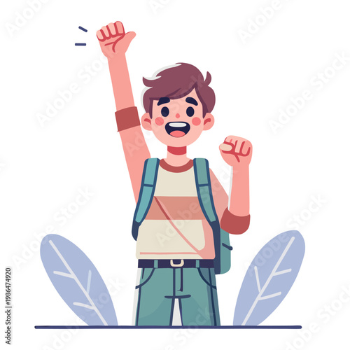 illustration of an enthusiastic boy with a backpack raising hand