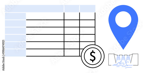 Financial analytics, business planning, geolocation services, data visualization, budgeting, market analysis. A table with a dollar coin and a location marker. Financial analytics and business