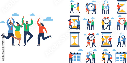 Time management and productivity concept set, people planning schedule with clock and calendar, business deadline cartoon illustration collection