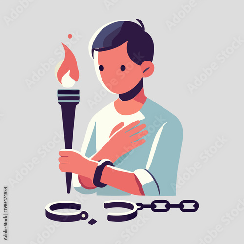 Flat Illustration of Shackled Figure Holding Torch with Broken Chains Freedom Symbolism