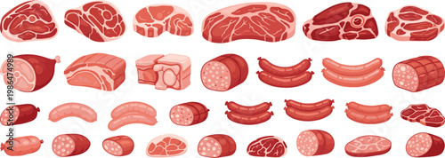 Various raw meat cuts and sausages collection including beef, pork, bacon and salami isolated vector illustration set for butcher shop and food design
