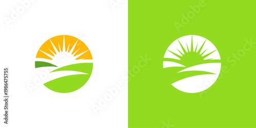 Dual meaning logo combining sunrise and farm elements, symbolizing renewal, agricultural growth, natural vitality, sustainability, and a hopeful future rooted in farming and nature.