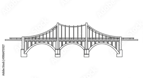 Detailed architectural drawing of a suspension bridge structure.