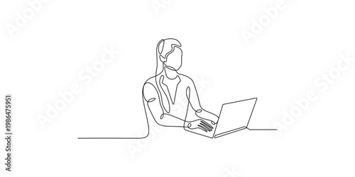 Woman working on laptop minimalist line art home office remote work concept