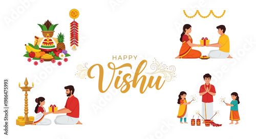 A vibrant vector illustration displays the Happy Vishu celebration with traditional Kerala cultural elements, depicting a family's Malayali New Year observance with offerings and rituals