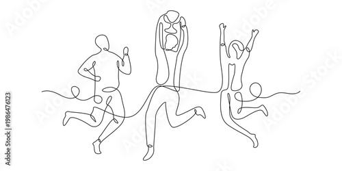 Business professionals celebrating success trophy minimalist line art team victory concept