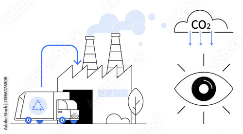Environmental sustainability, carbon footprint, pollution control, recycling, emissions monitoring, industrial processes. Factory with smoky chimneys, recycling truck, and emission tracking