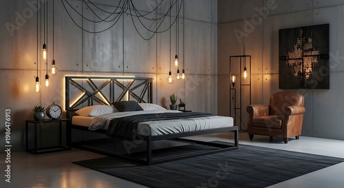 A modern bedroom with a stylish bed and comfortable seating area