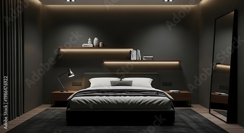 A modern bedroom with a large bed and floating shelves in the dark