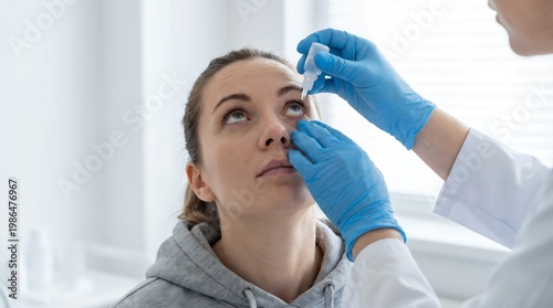 Young Female Patient Receiving Eye Drops From Doctor in Medical Clinic