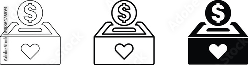 Donation Box with Money Icon Set – Charity Fundraising, Finance Contribution Symbols, Line and Solid Vector