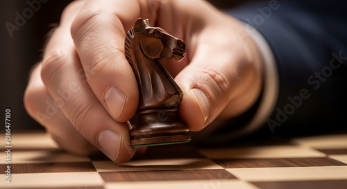 Strategic Male Hand Moving Dark Wooden Chess Knight Piece on Chessboard