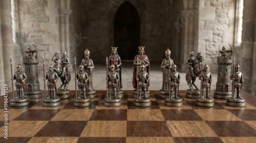 Intricate Medieval Chess Set Pieces Standing on Wooden Board in Ancient Stone Castle Hall