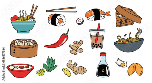 Asian Cuisine Elements Vector Set: Sushi, Ramen, Dim Sum, Ginger, Chili, and Boba Tea Illustration