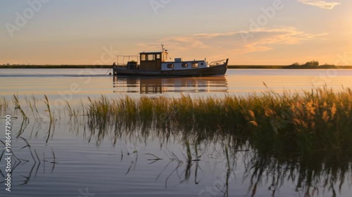 Houseboat At Golden Hour On Broad River, Glowing Sky, Mirrored Reflections, Cinematic Nature Video