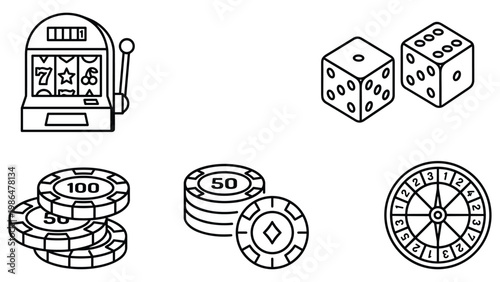 Casino icons set with slot machine dice poker chips and roulette wheel vector illustration.
