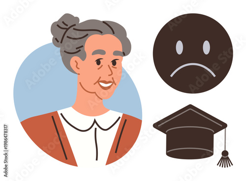 Education challenges, elderly learners, knowledge pursuit, academic emotions, lifelong learning, generational gaps. Elderly woman alongside frowning face and graduation cap. Education challenges