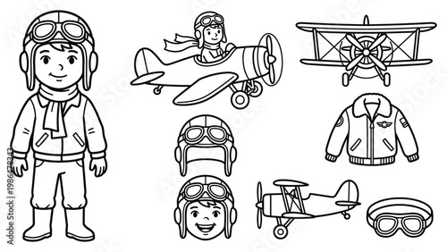 Pilot boy and aviator elements including planes jacket helmet and goggles.