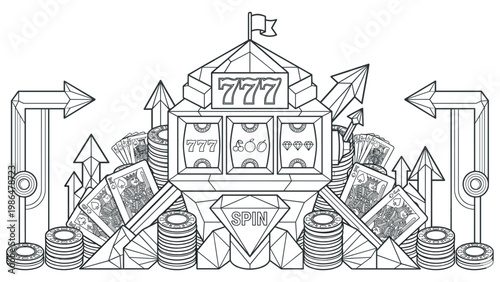 Slot machine jackpot win with cards chips and lucky sevens.