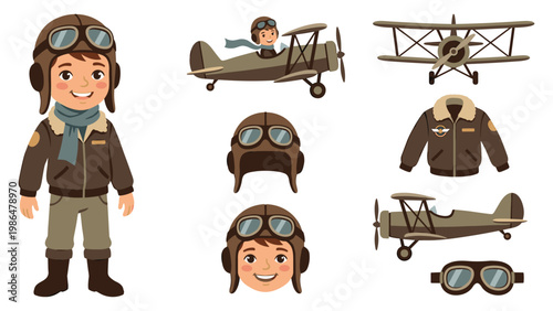 Young pilot standing with classic aviator gear and vintage biplanes ready for flight.