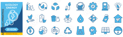 Ecology and Energy web icons In Blue Monochrome. green technology, environmental energy collection. Editable stroke. Vector illustration.