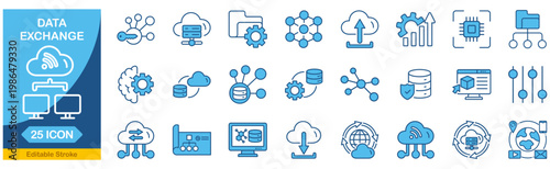 Data Exchange web icons In Blue Monochrome. Traffic, cloud, files, server, technology. Editable stroke. Vector illustration.