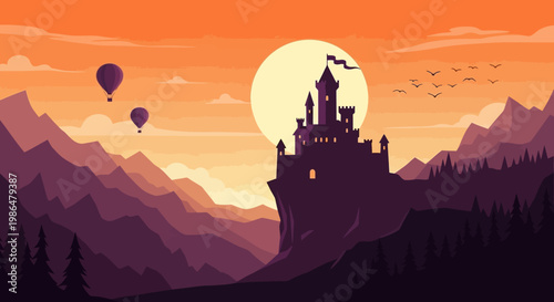 Castle on a Mountain Ridge at Sunset with Balloons and Twilight Silhouette.