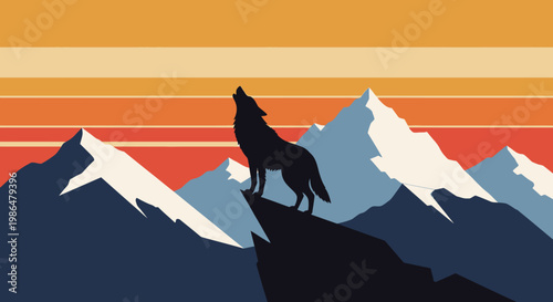 Silhouette of a Howling Wolf on a Cliff Over a Snowy Mountain Range at Sunset.